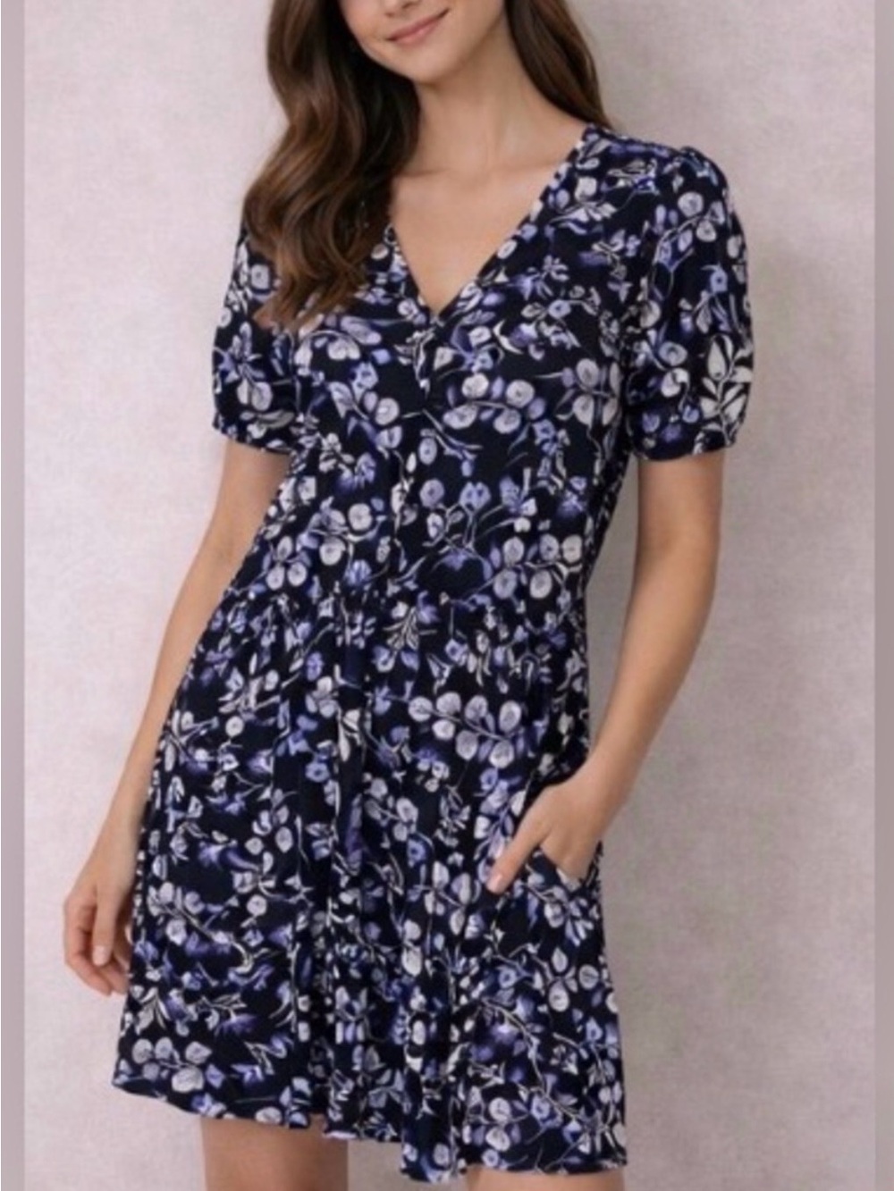 LOFT Floral V-Neck Short Sleeve Dress in Navy
